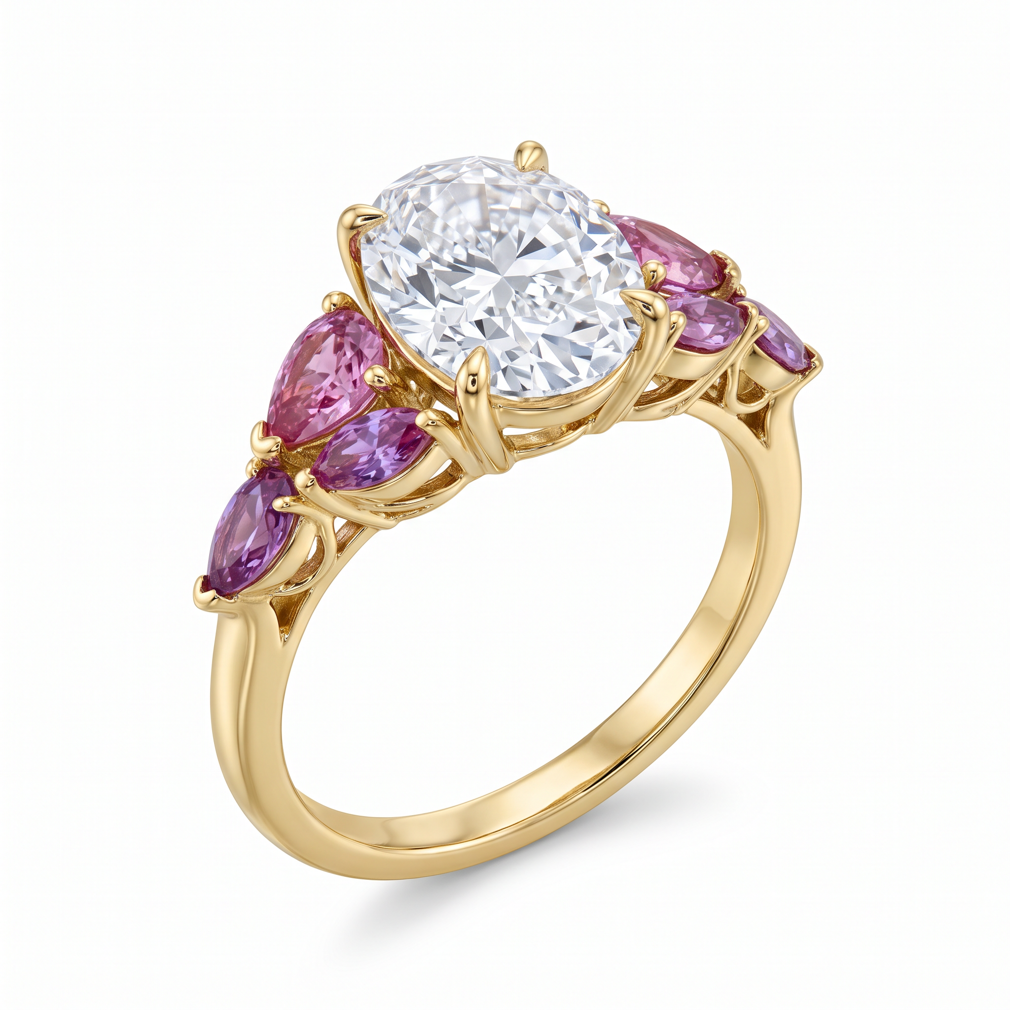 Oval diamond ring with pink sapphire tulip accents in yellow gold