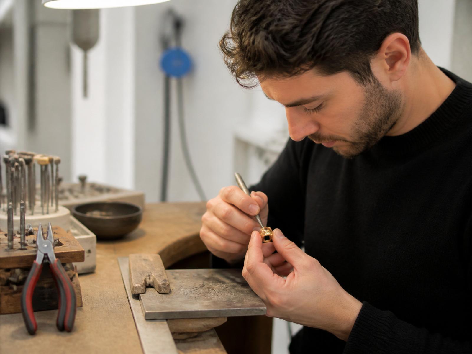 Ékszeria jewellery artisan hand-finishing a custom gold ring at the studio workbench
